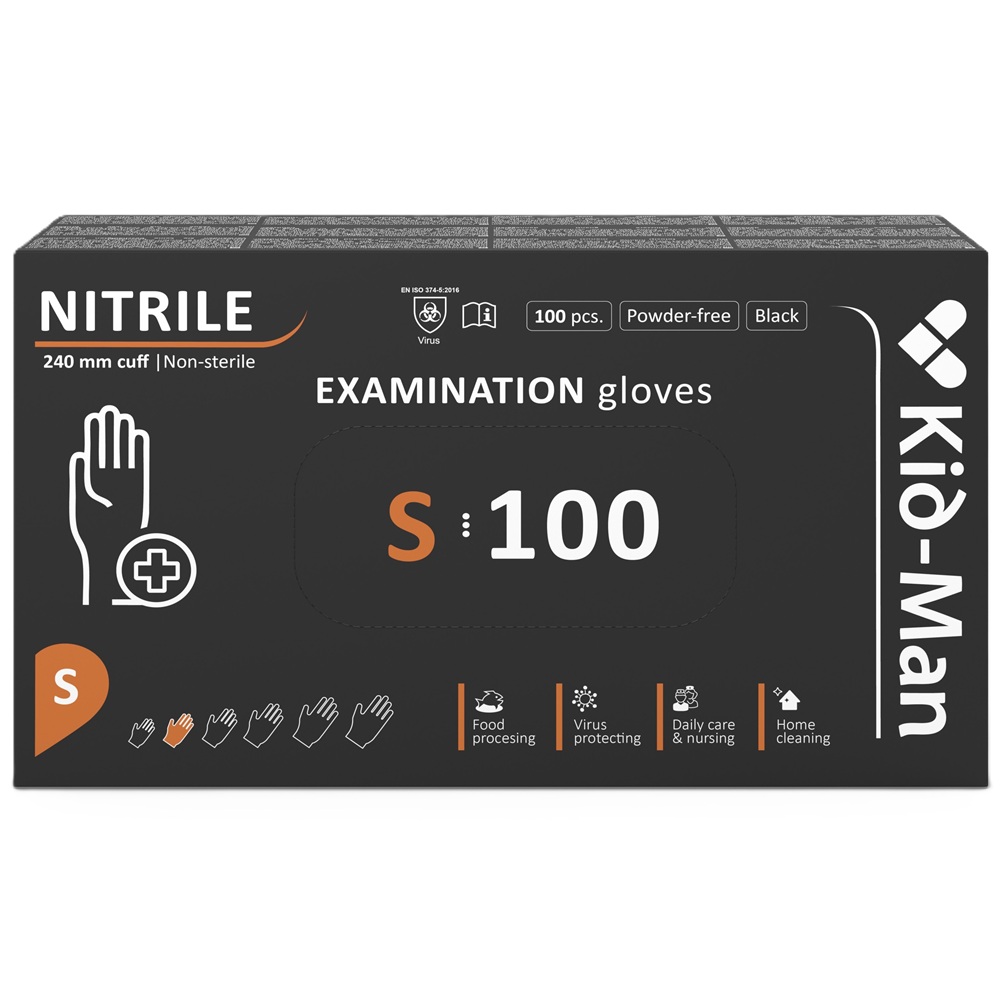 Manusi din nitril nepudrate de unica folosinta negre, marimea S, 100 bucati, Kid-Man