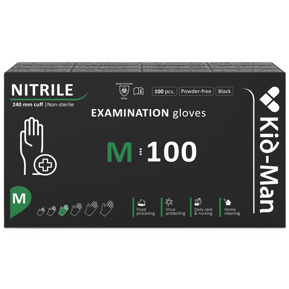 Manusi din nitril nepudrate de unica folosinta negre, marimea M, 100 bucati, Kid-Man