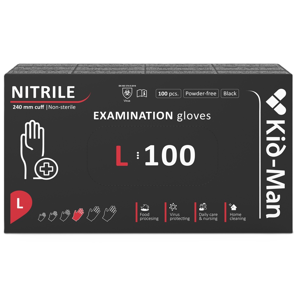 Manusi din nitril nepudrate de unica folosinta negre, marimea L, 100 bucati, Kid-Man