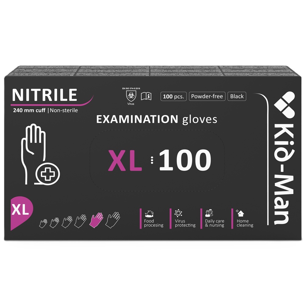 Manusi din nitril nepudrate de unica folosinta negre, marimea XL, 100 bucati, Kid-Man