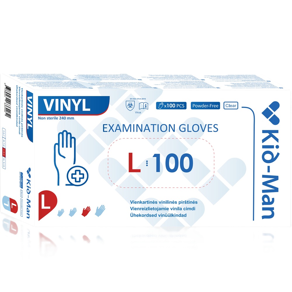 Manusi din vinil nepudrate de unica folosinta transparente, marimea L, 100 bucati, Kid-Man