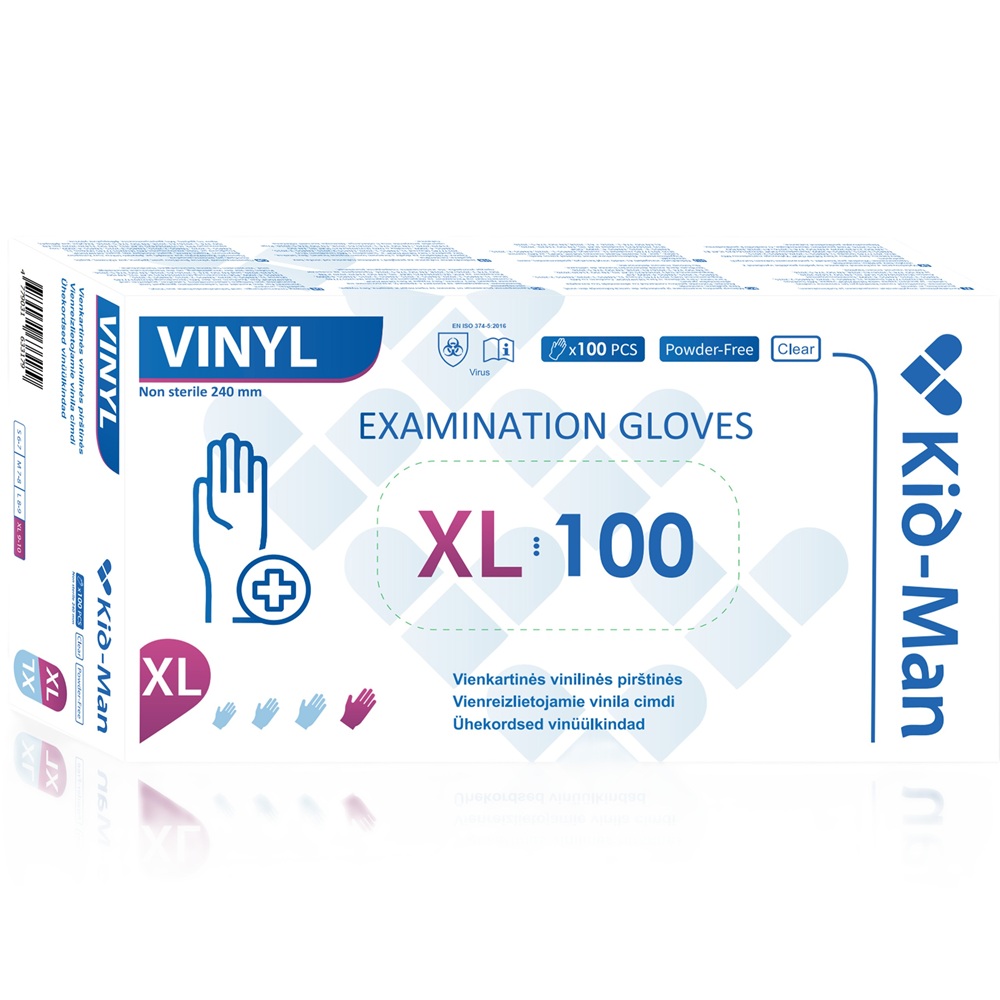 Manusi din vinil nepudrate de unica folosinta transparent, marimea XL, 100 bucati, Kid-Man