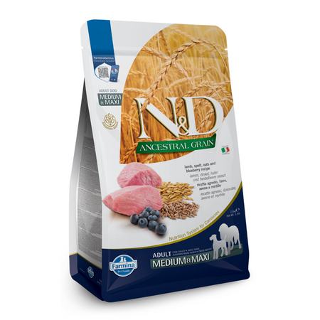 Hrana uscata cu alac, ovaz, afine si carne de miel pentru caini Adult Mini Ancestral Grain N&D, 2.5 kg, Farmina