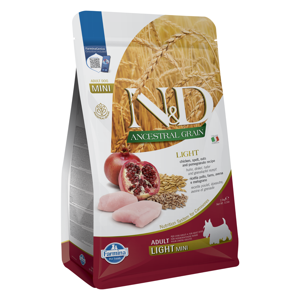Hrana uscata cu alac, ovaz, rodie si carne de pui pentru caini Adult Light Mini Ancestral Grain N&D, 2.5 kg, Farmina