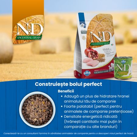 Hrana uscata cu alac, ovaz, rodie si carne de pui pentru caini Adult Light Mini Ancestral Grain N&D, 2.5 kg, Farmina 711635