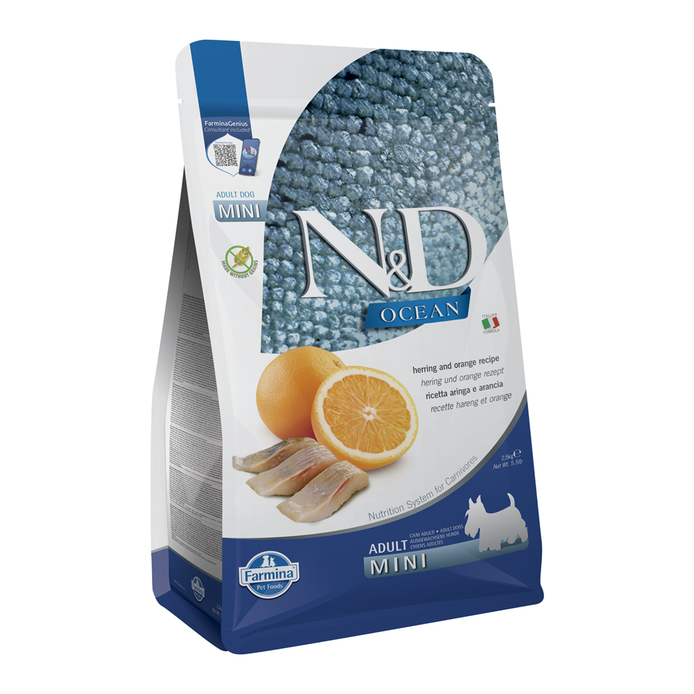 Hrana uscata cu hering si portocala pentru caini Adult Mini Ocean N&D, 2.5 kg, Farmina