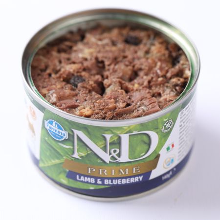 Hrana umeda cu carne de miel si afine pentru caini Adult Mini Prime N&D, 140 g, Farmina 711705