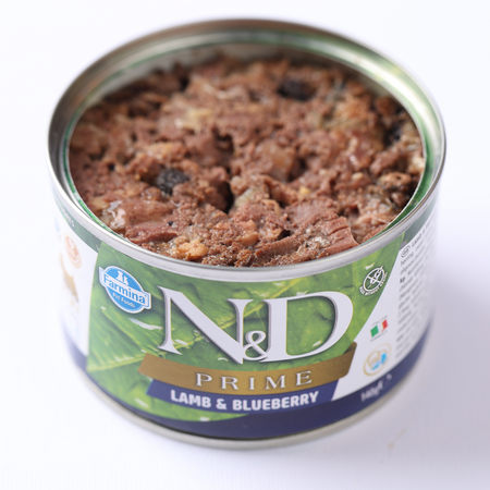 Hrana umeda cu carne de miel si afine pentru caini Adult Mini Prime N&D, 140 g, Farmina 711705