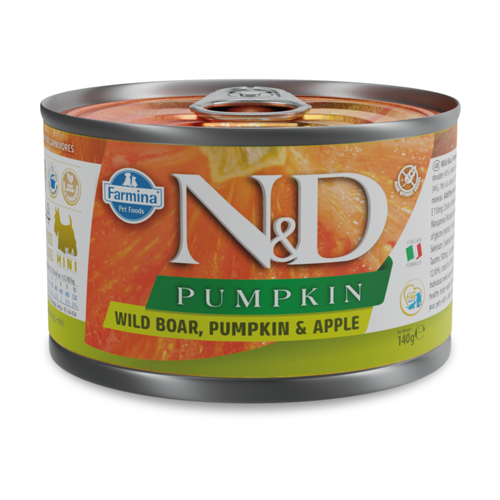 Hrana umeda cu carne de mistret, mar si dovleac pentru caini Adult Mini Pumpkin N&D, 140 g, Farmina