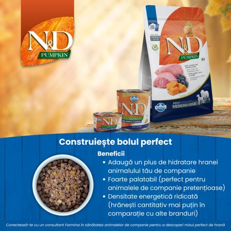 Hrana umeda cu carne de miel, dovleac si afine pentru caini Adult Pumpkin N&D, 285 g, Farmina 711836