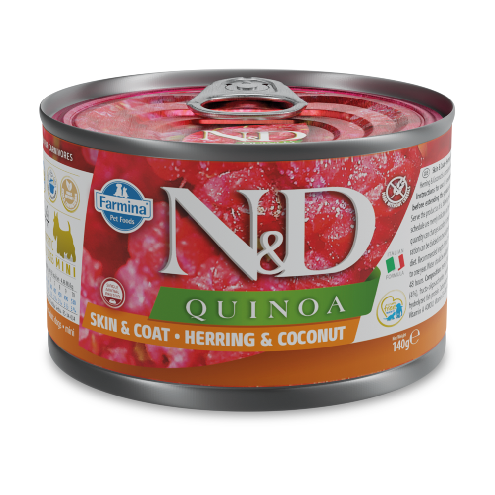 Hrana umeda cu hering si nuca de cocos pentru caini adulti Adult Mini Quinoa Skin and Coat N&D, 140 g, Farmina