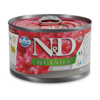 Hrana umeda cu carne de porc pentru caini adulti sterilizati Adult Mini Quinoa Neutered N&D, 140 g, Farmina