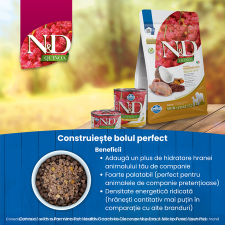 Hrana umeda cu carne de prepelita si nuca de cocos pentru caini adulti Adult Mini Quinoa Skin and Coat N&D, 140 g, Farmina 711944