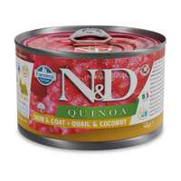 Hrana umeda cu carne de prepelita si nuca de cocos pentru caini adulti Adult Mini Quinoa Skin and Coat N&D, 140 g, Farmina
