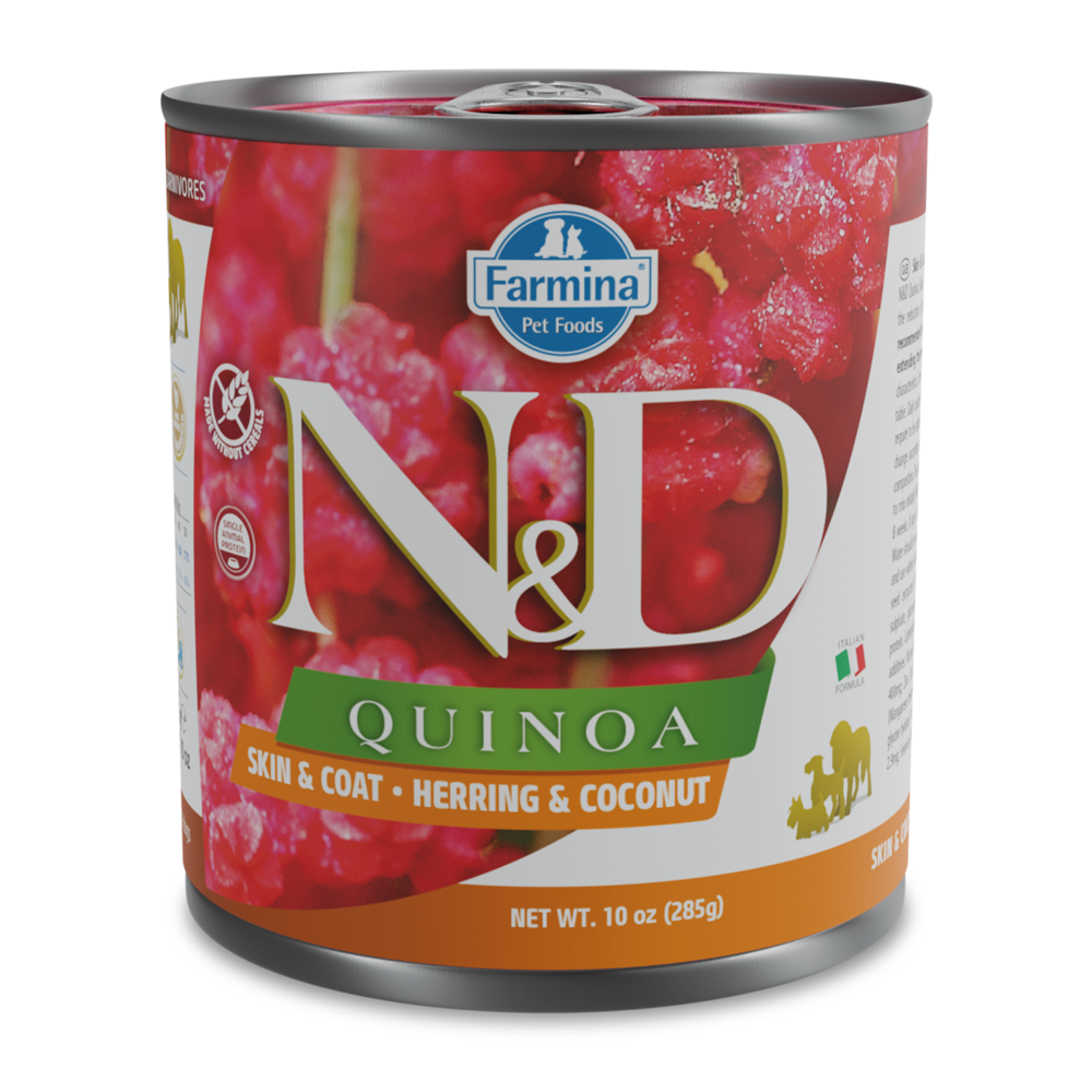 Hrana umeda cu hering si nuca de cocos pentru caini Quinoa Skin and Coat N&D, 285 g, Farmina