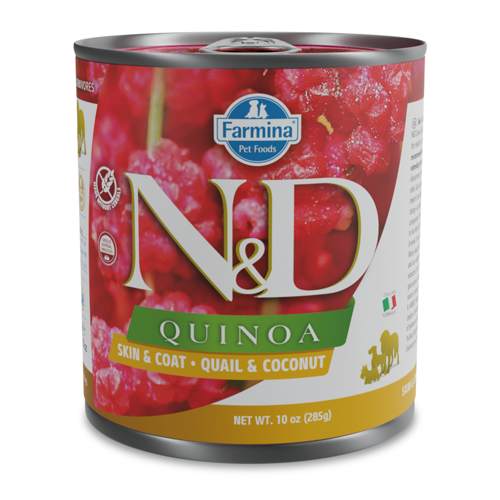 Hrana umeda cu carne de prepelita pentru caini Quinoa Skin and Coat N&D, 285 g, Farmina