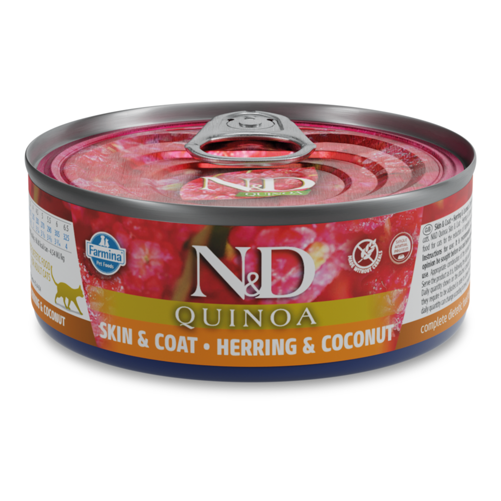Hrana umeda cu hering si nuca de cocos pentru pisici Quinoa Skin and Coat N&D, 80 g, Farmina