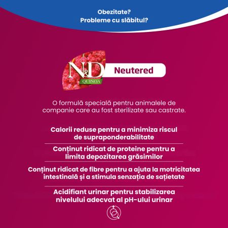 Hrana umeda pentru pisici adulte sterilizate Quinoa Neutered N&D, 80 g, Farmina 712100