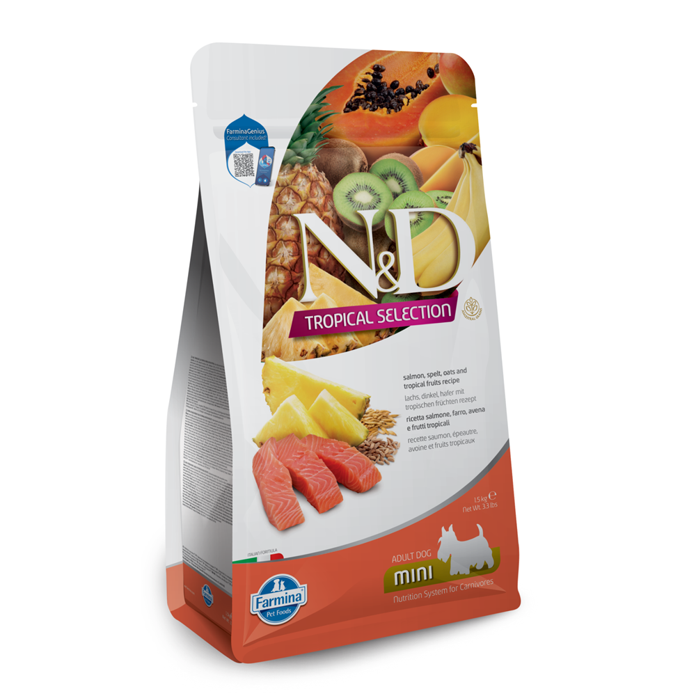 Hrana uscata cu somon si fructe tropicale pentru caini adulti de talie mica Adult Mini Tropical Selection N&D, 1.5 kg, Farmina