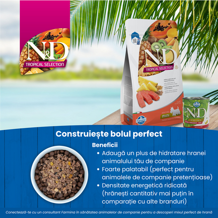 Hrana uscata cu somon si fructe tropicale pentru caini adulti de talie mica Adult Mini Tropical Selection N&D, 1.5 kg, Farmina 712106