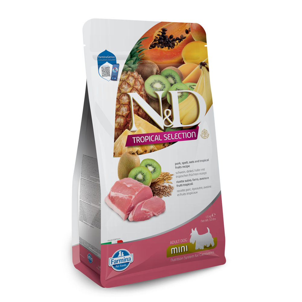 Hrana uscata cu carne de porc si fructe tropicale pentru caini adulti de talie mica Adult Mini Tropical Selection N&D, 1.5 kg, Farmina