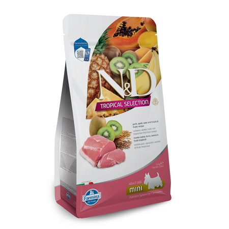 Hrana uscata cu carne de porc si fructe tropicale pentru caini adulti de talie mica Adult Mini Tropical Selection N&D, 1.5 kg, Farmina
