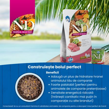 Hrana uscata cu carne de porc si fructe tropicale pentru caini adulti de talie mica Adult Mini Tropical Selection N&D, 1.5 kg, Farmina 712109