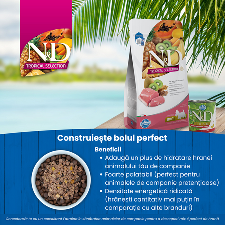 Hrana uscata cu carne de porc si fructe tropicale pentru caini adulti de talie mica Adult Mini Tropical Selection N&D, 1.5 kg, Farmina 712109