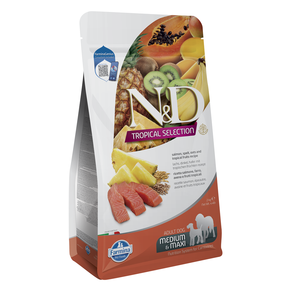 Hrana uscata cu somon si fructe tropicale pentru caini adulti de talie medie si mare Adult Medium and Maxi Tropical Selection N&D, 2 kg, Farmina