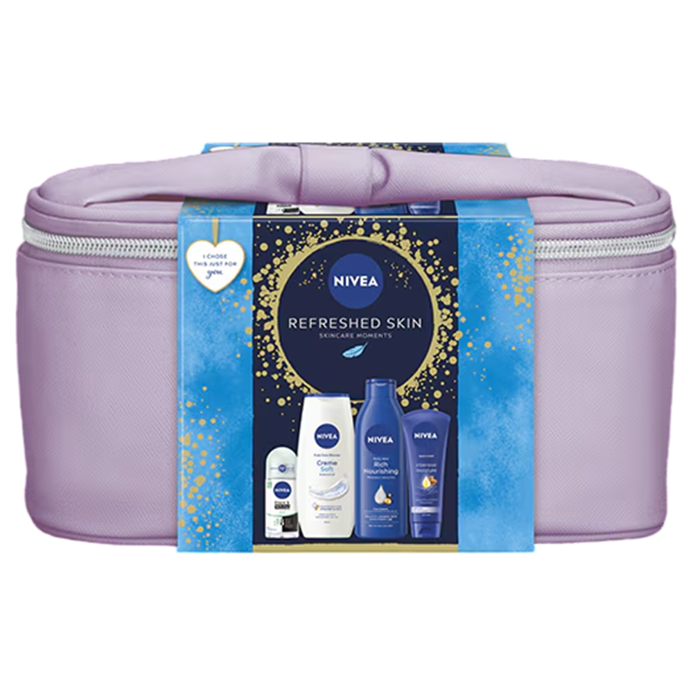 Set Lapte de corp 250 ml + Gel de dus Creme Soft 250 ml + Deodorant roll-on Invisible Black & White 50 ml + Crema de maini 100 ml, Nivea