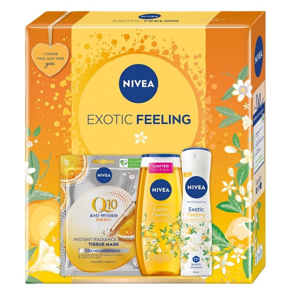 Set Masca servetel anti-rid Q10 Energy 1 bucata + Gel de dus Exoting Feeling 250 ml + Deodorant spray Exoting Feeling 150 ml, Nivea