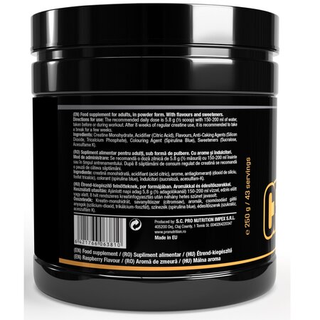 Creatina monohidrata cu aroma de zmeura albastra, 250 g, Pro Nutrition 714081