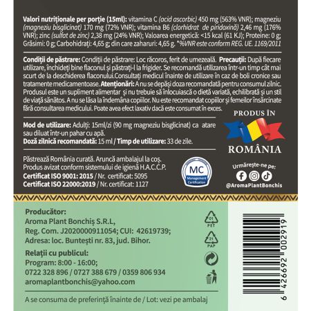 Magneziu bisglicinat cu zinc, calciu, vitamina C si B6, 500 ml, Aroma Plant 714484