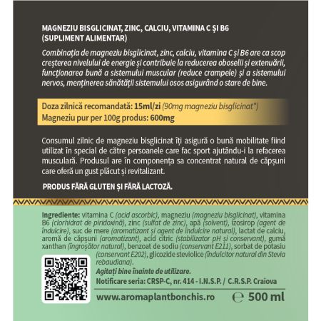 Magneziu bisglicinat cu zinc, calciu, vitamina C si B6, 500 ml, Aroma Plant 714485