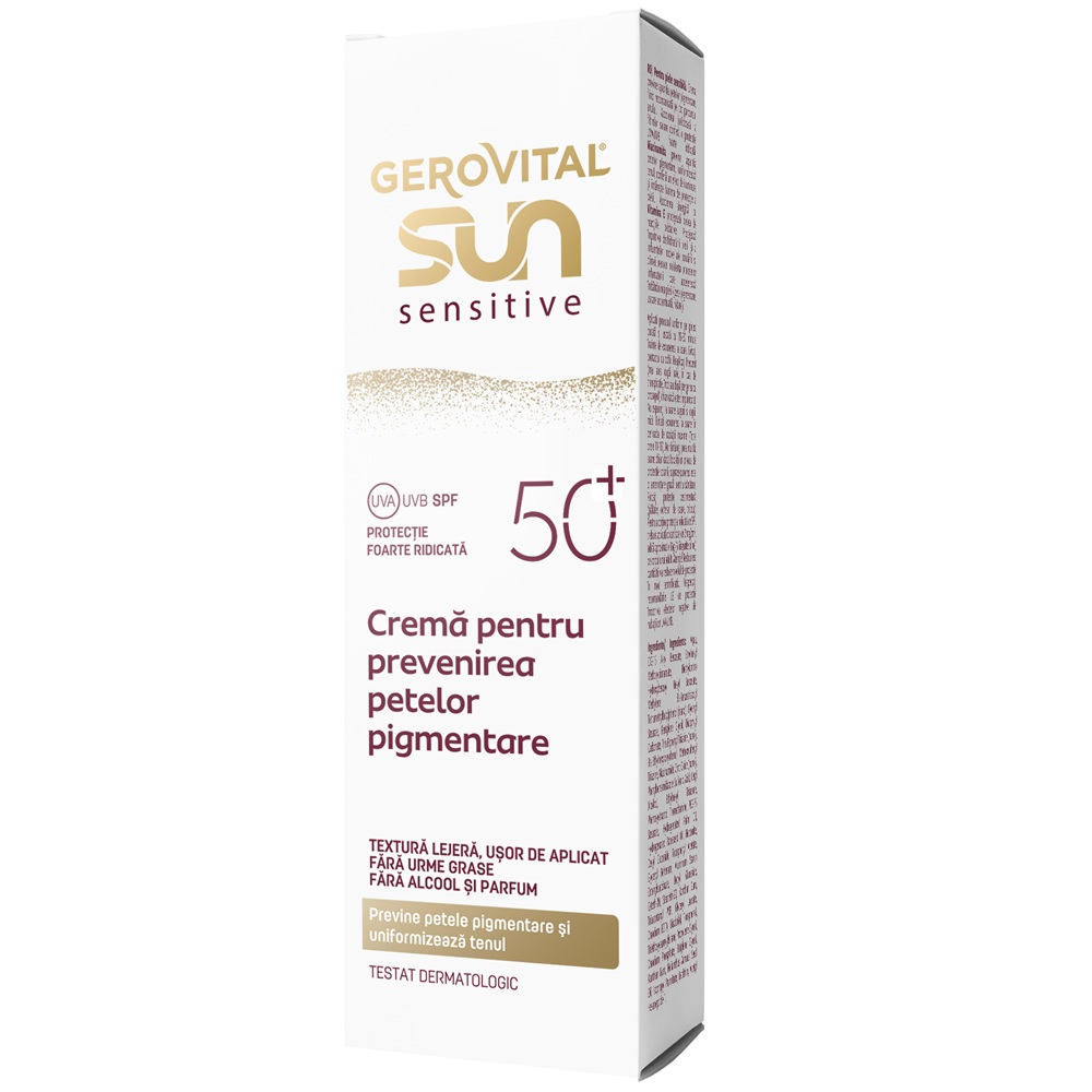 Crema de fata anti pete pigmentare cu SPF 50+ Sun Sensitive, 50 ml, Gerovital