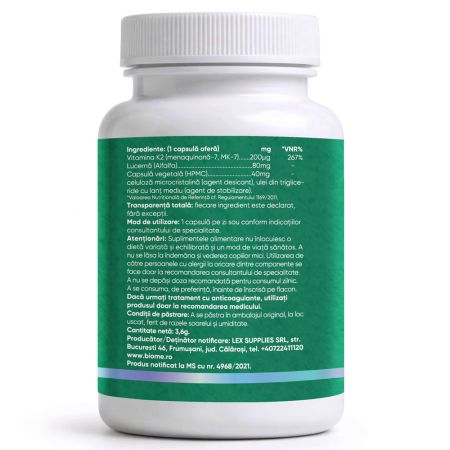 Vitamina K2, 200ug+, 30 capsule, Biome 715236