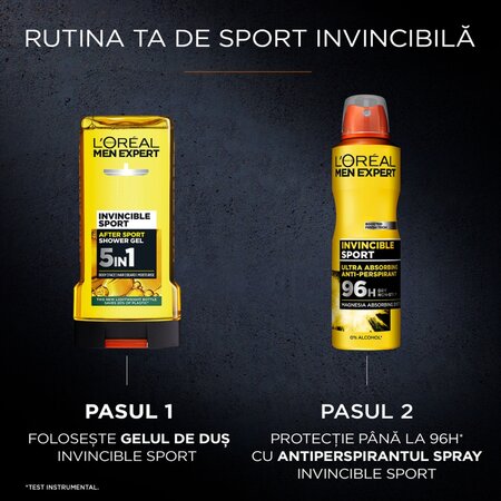 Spray antiperspirant fara alcool pentru barbati Men Expert Invincible Sport, 150 ml, LOreal 715574