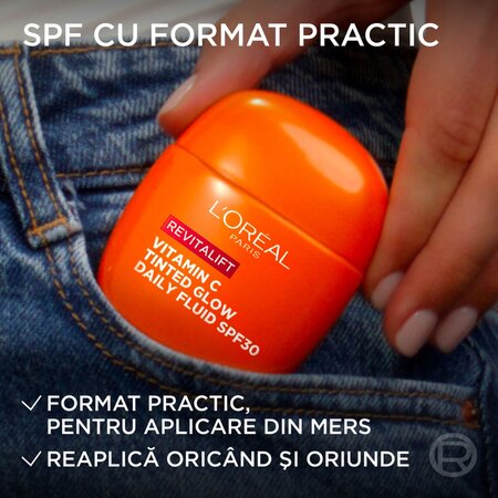 Fluid colorat cu factor de protectie solara SPF 30 Revitalift Vitamin C Tinted Glow, 40 ml, LOreal 715652