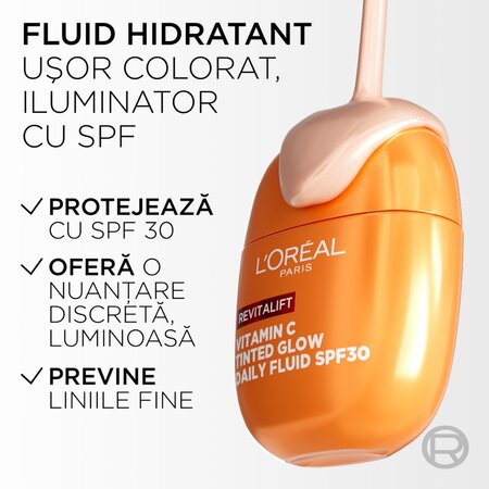 Fluid colorat cu factor de protectie solara SPF 30 Revitalift Vitamin C Tinted Glow, 40 ml, LOreal 715649