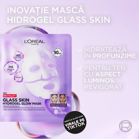 Masca hidrogel pentru iluminare Revitalift Filler Glass Skin, 25 g, LOreal 715725