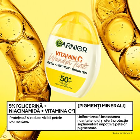 Fluid nuantator cu protectie solara SPF 50+ Nuanta Deschisa Vitamin C Wonder Tint, 40 ml, Garnier 715740