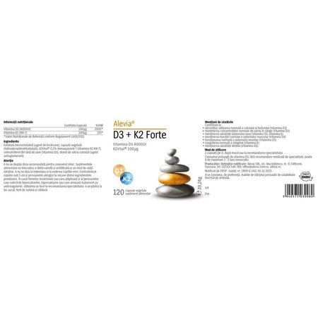 Vitamina D3 + Vitamina K2 Forte, 120 capsule vegetale, Alevia 716017