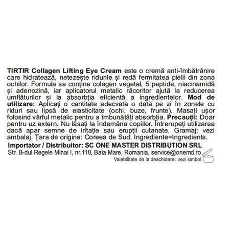 Crema de ochi cu colagen vegetal, peptide si adenozina Collagen Lifting, 15 ml, Tirtir 716079