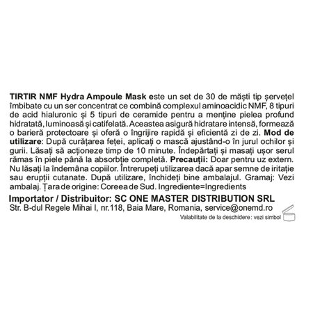 Set masti de fata cu acid hialuronic si ceramide NMF Hydro Ampoule Mask, 30 bucati, Tirtir 716137