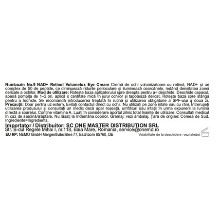 Crema pentru ochi cu retinol si NAD+ No.9 Volumetox, 10 ml, Numbuzin 716881