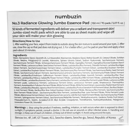 Dischete tonice pentru luminozitate si hidratare intensa No.3 Radiance, 70 biucati, Numbuzin 717385