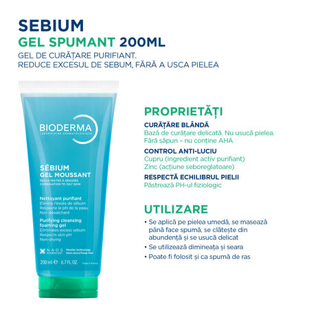 Gel spumant pentru ten mixt si gras Sebium, 200 ml, Bioderma 718282