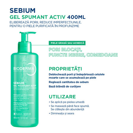 Gel spumant activ pentru piele mixta, grasa si predispusa la acnee Sebium, 400 ml, Bioderma 718405