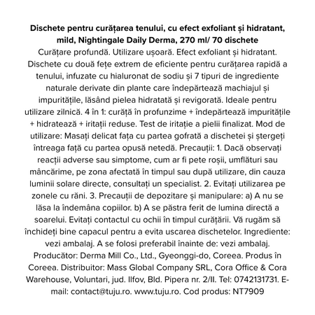 Dischete cu efect exfoliant si hidratant, Daily Derma, 70 bucati, Nightingale 718509