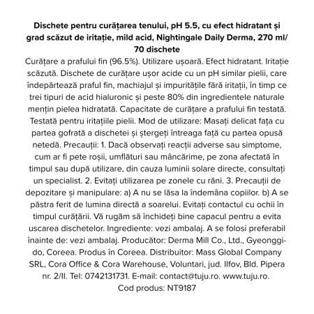 Dischete pentru curatarea tenului cu efect hidratant, pH 5.5, Daily Derma, 70 bucati, Nightingale 718534